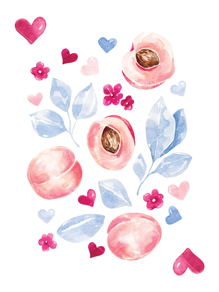 Illustration of pink peaches, flowers, blue leaves, and hearts on a white background