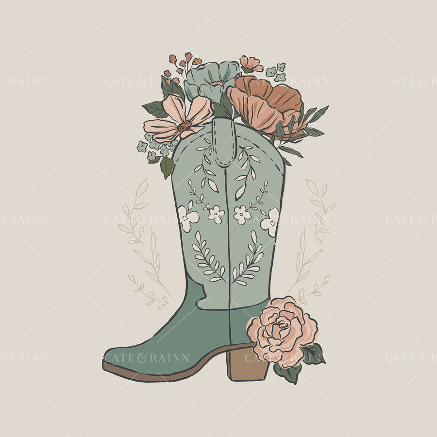 Blue cowgirl boot with floral design on a beige background