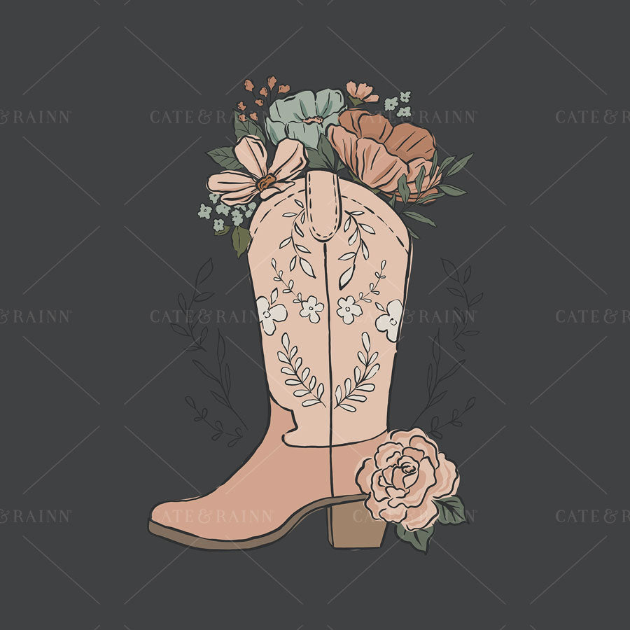 Pink cowboy boot with floral design on a dark background
