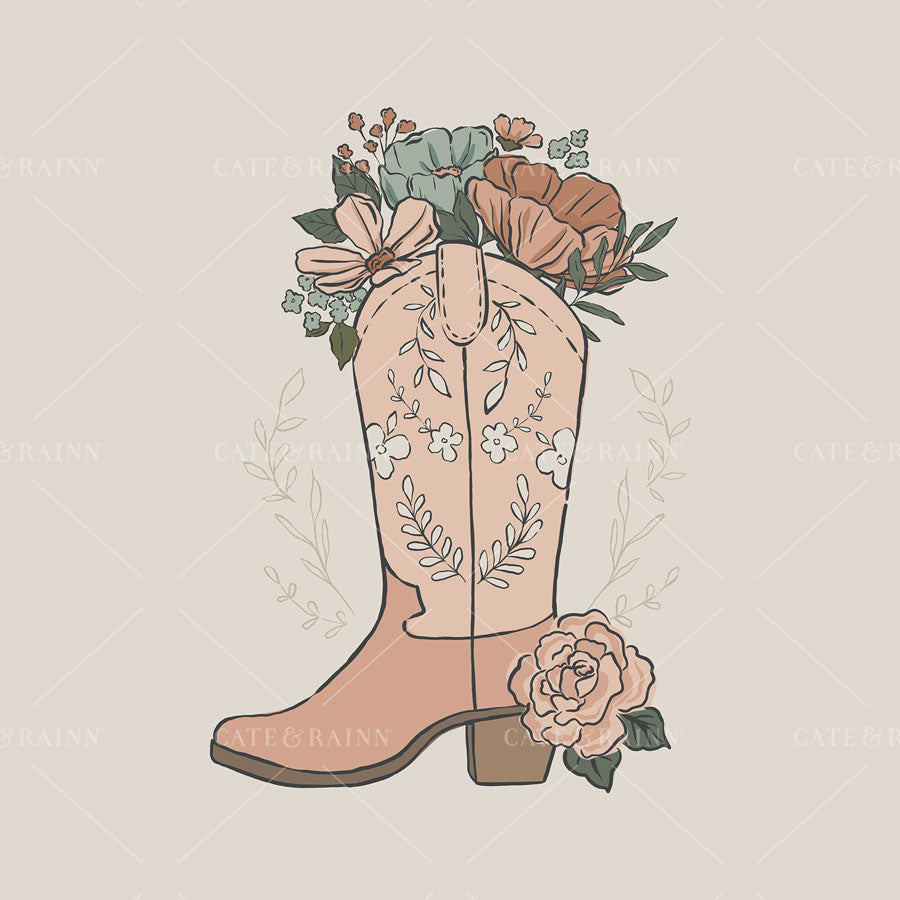 Pink cowboy boot with floral decorations on a beige background