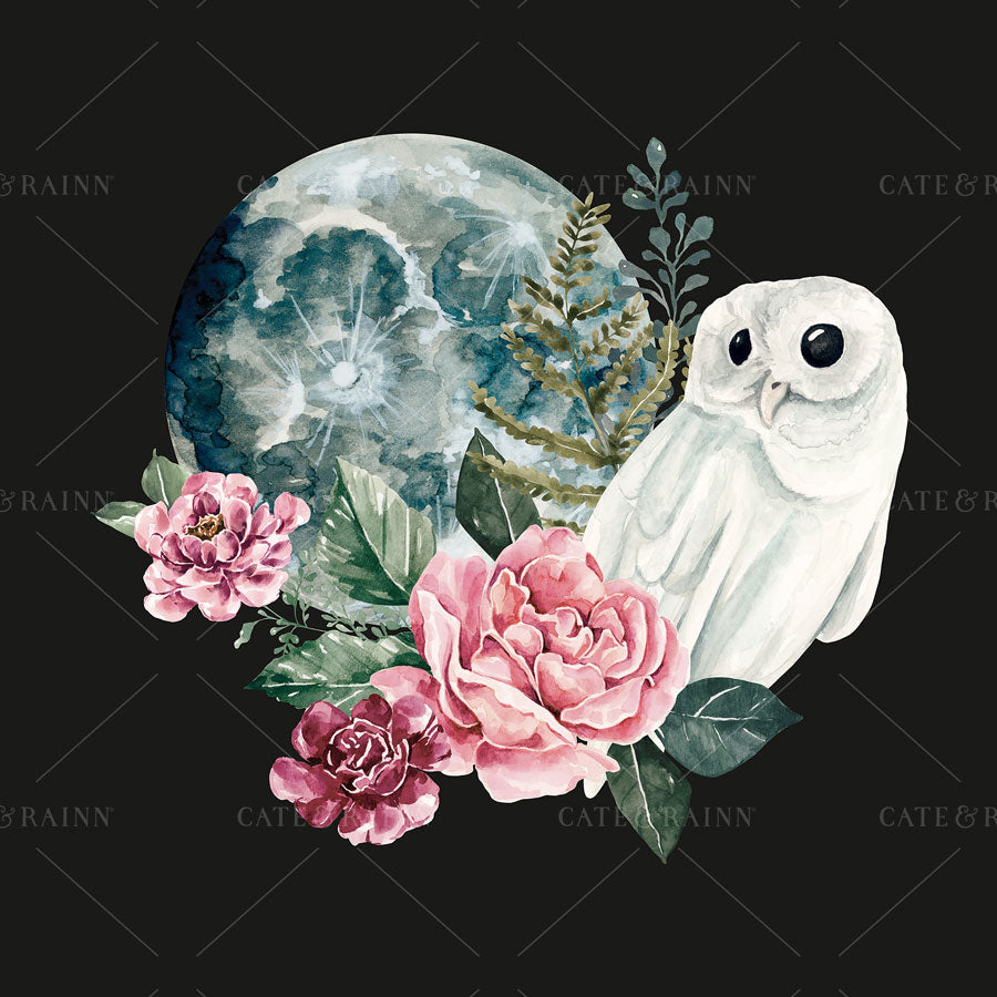 White owl with pink flowers and a moonlit sky in the background on a black background