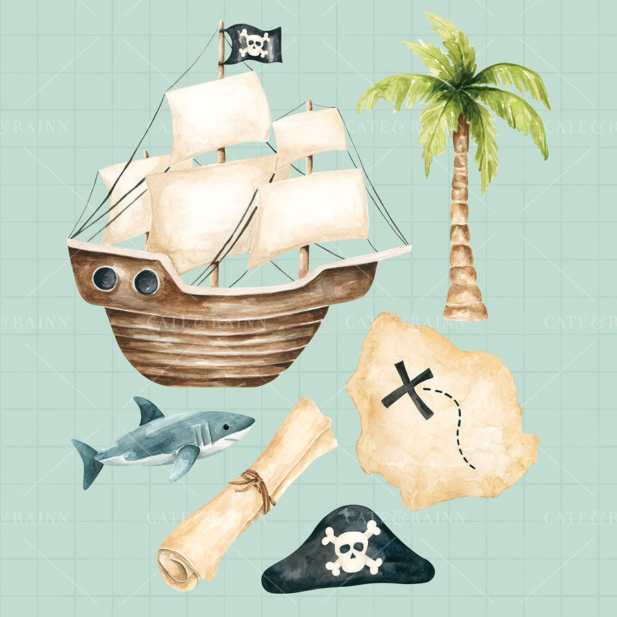 Pirate-themed elements including a ship, palm tree, shark, treasure map, and tricorn hat on a light blue grid background.