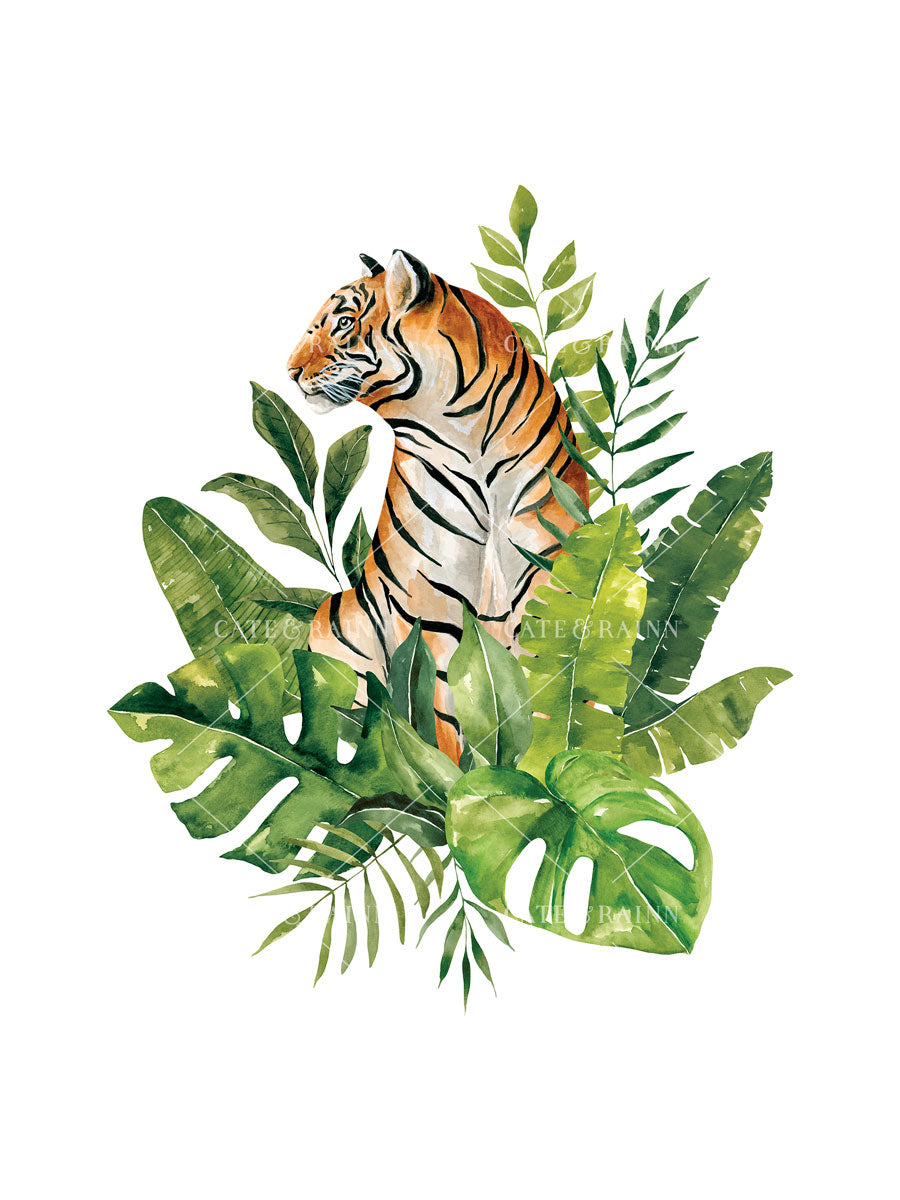 Tiger surrounded by tropical leaves on a white background