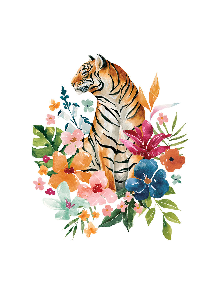 Tiger surrounded by colorful flowers and leaves on a white background