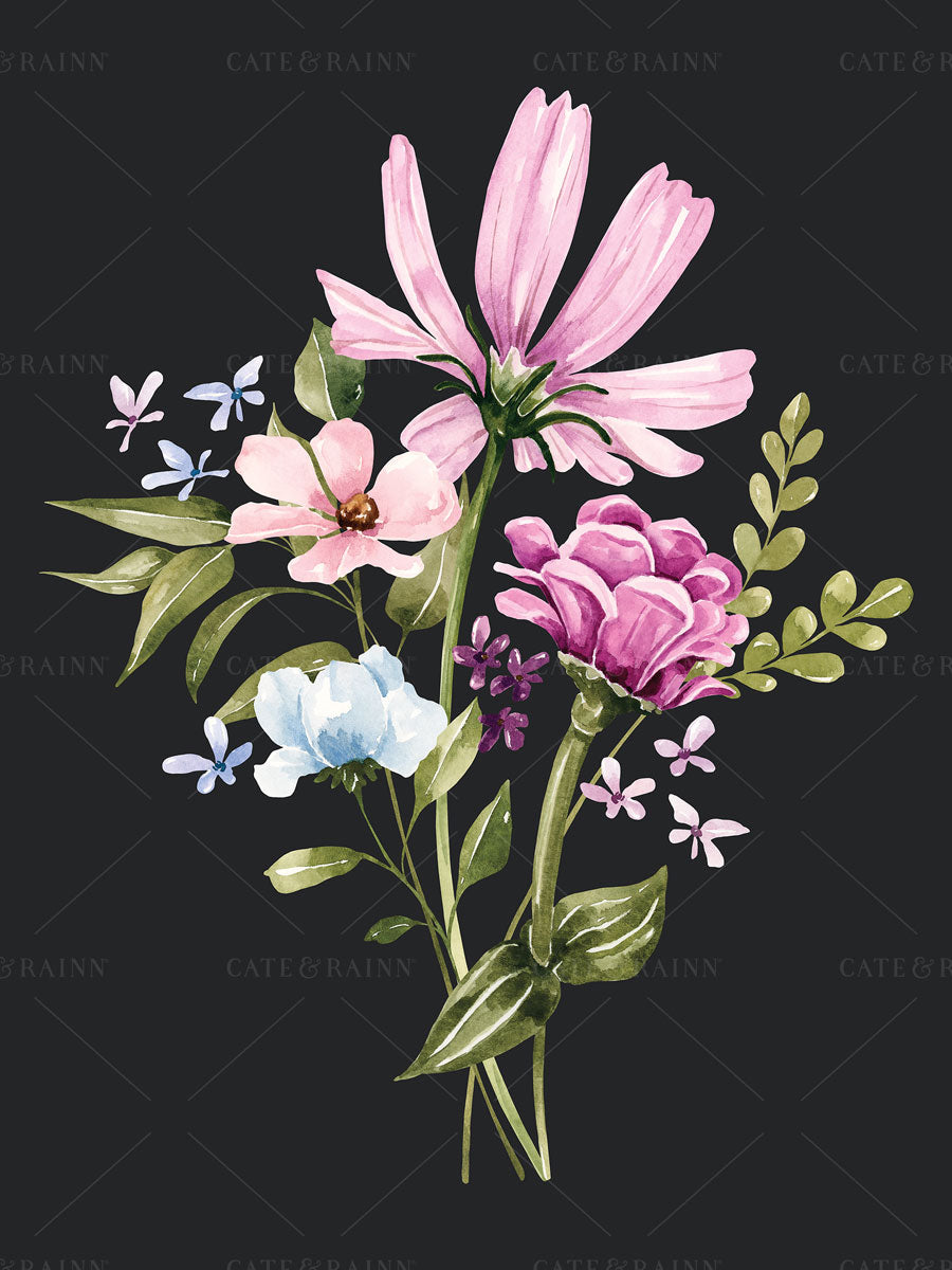 Floral arrangement with pink, purple, and blue flowers on a black background