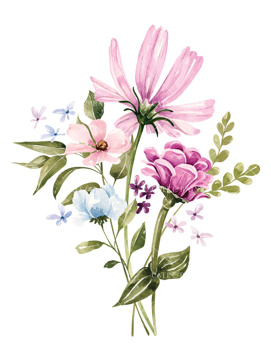 Illustration of a bouquet of pink, purple, and blue flowers with green leaves on a white background.