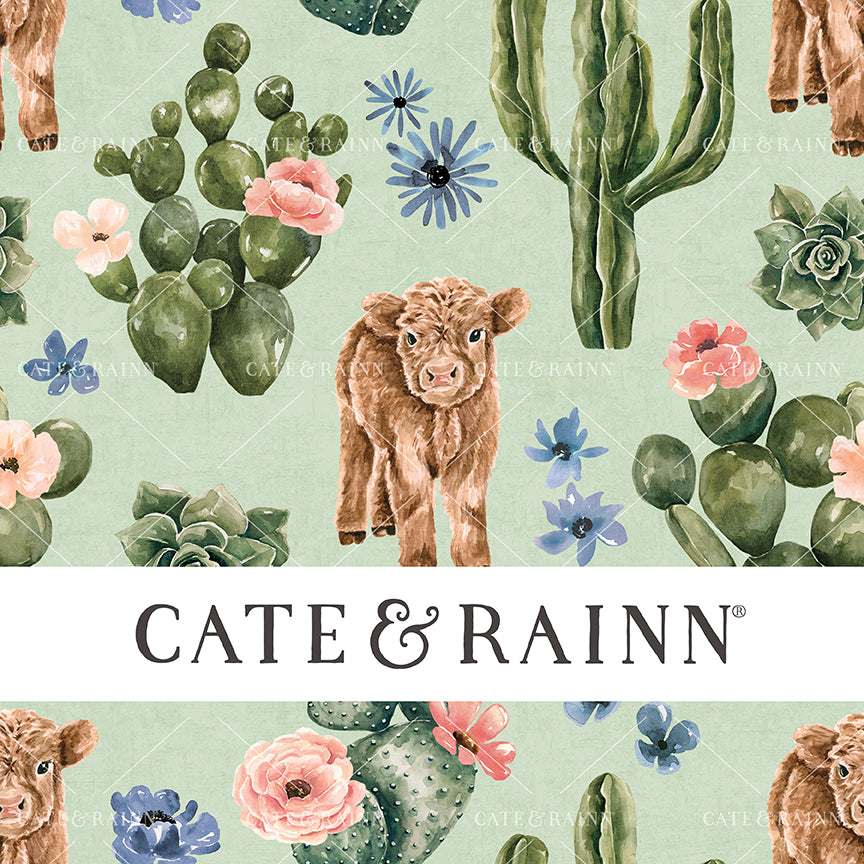 Mint Green Desert Highland Cow Floral Seamless Pattern | Wanderlust Collection
