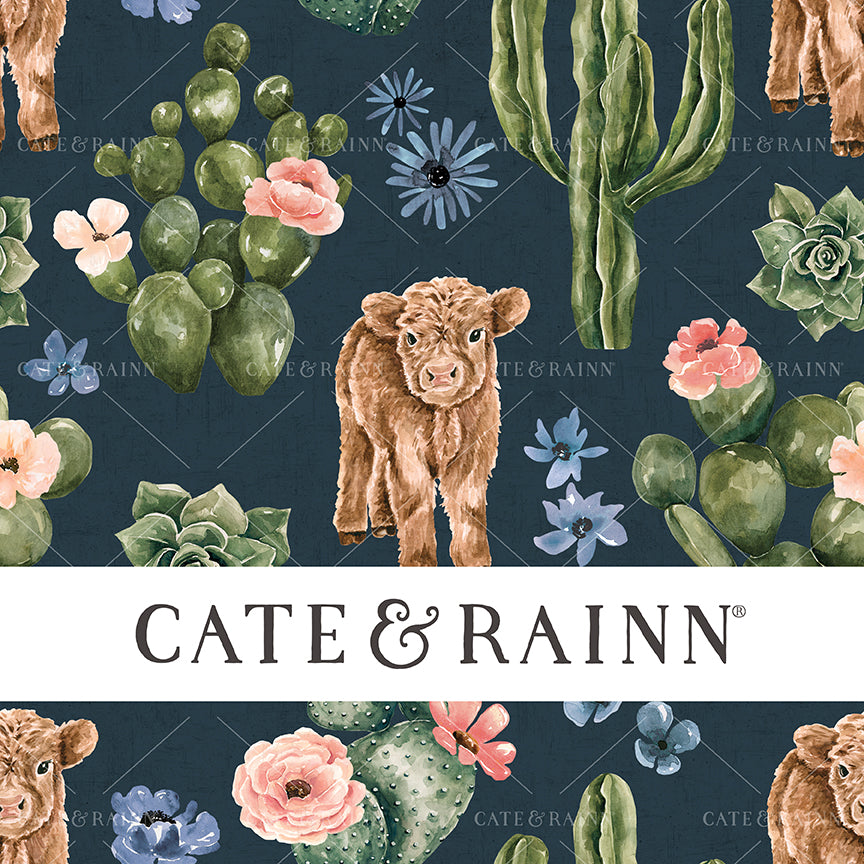 Navy Blue Desert Highland Cow Floral Seamless Pattern | Wanderlust Collection