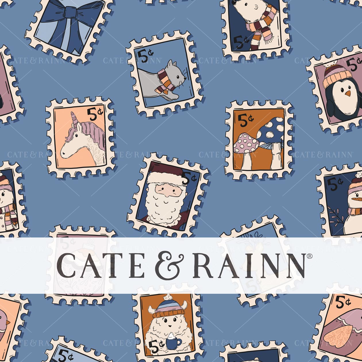 Holiday Postage Stamps Seamless Pattern Design by Cate and Rainn