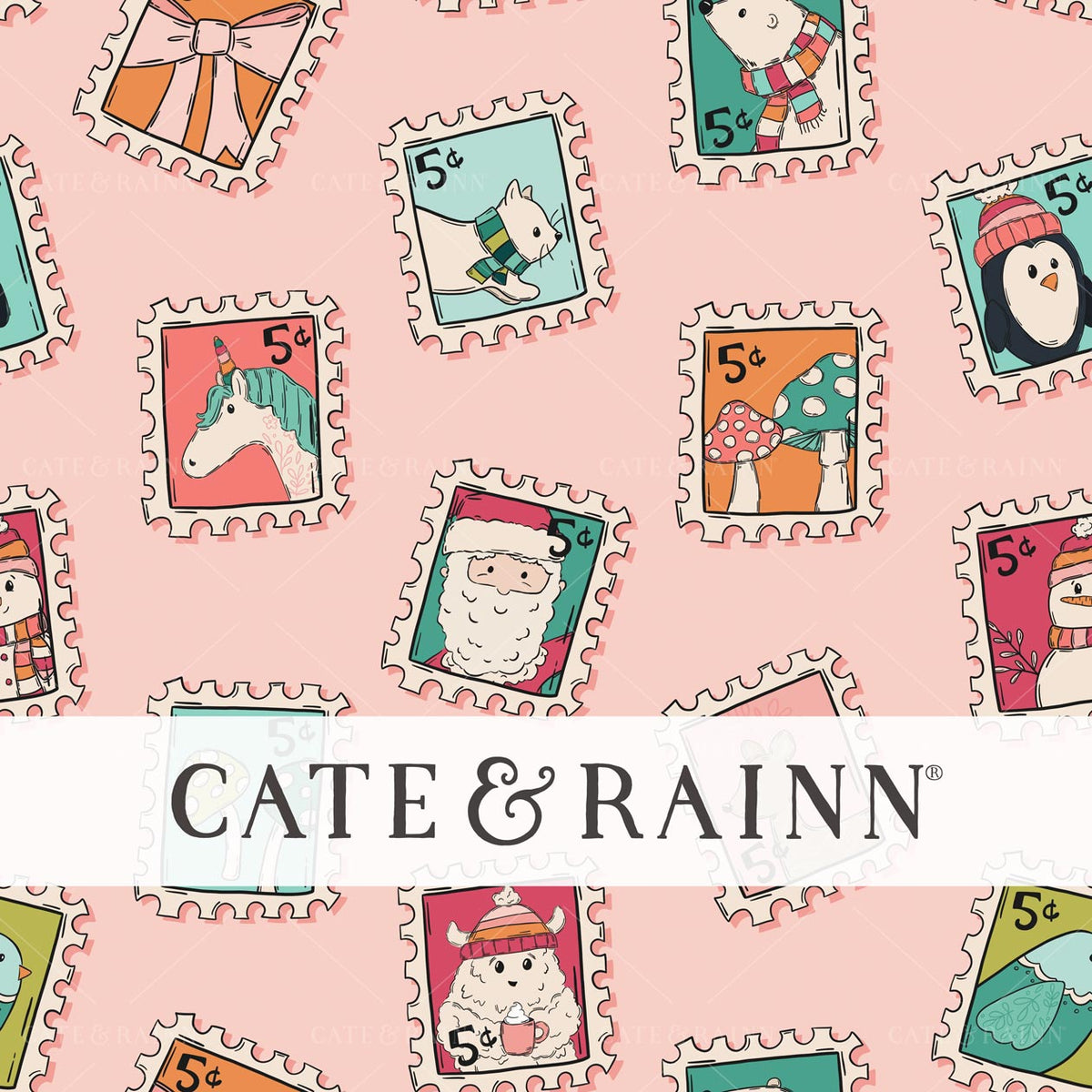 Vintage Christmas Postage Stamps on Pink Seamless Pattern | Whimsical Winter Candy Shoppe Collection