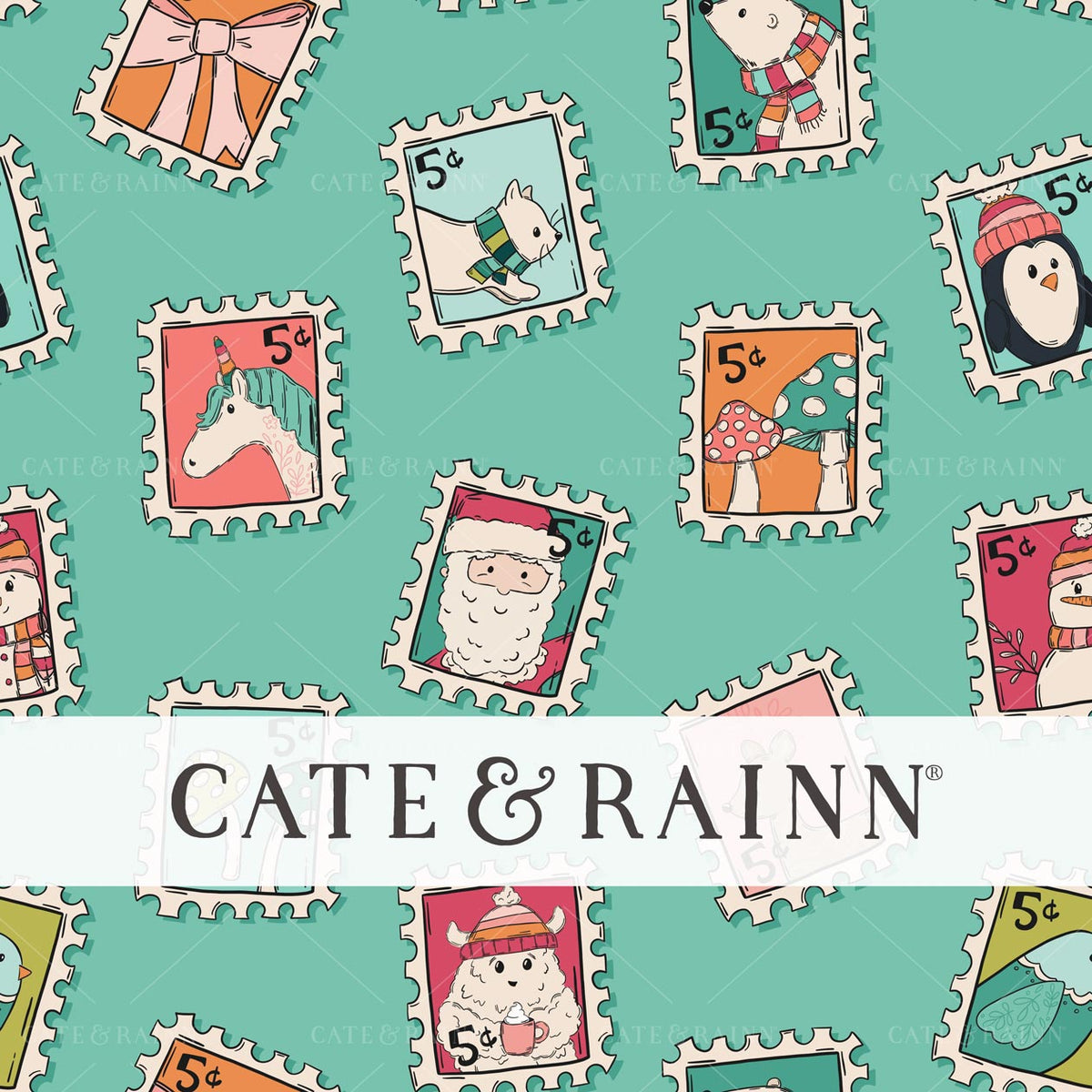 Vintage Christmas Postage Stamps on Turquoise Seamless Pattern | Whimsical Winter Candy Shoppe Collection