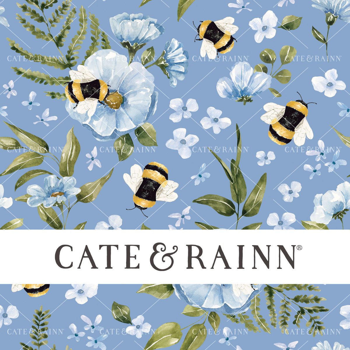 Blue Wildflowers and Bees on Blue Seamless Pattern | Wildflower Fields Collection