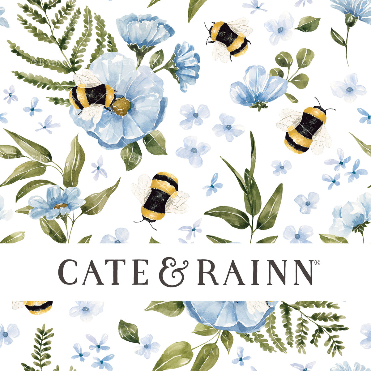 Blue Wildflowers and Bees on White Seamless Pattern | Wildflower Fields Collection