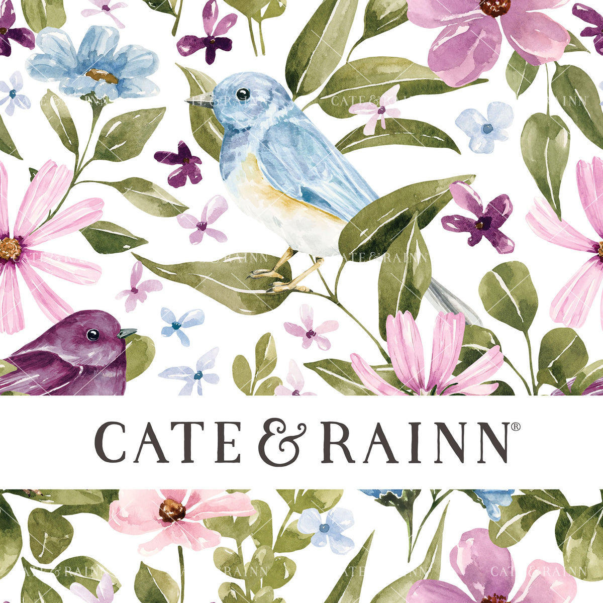 Little Birds Floral on White Seamless Pattern | Wildflower Fields Collection