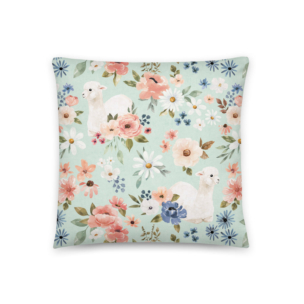 Wanderlust Llama Floral Aqua Blue Throw Pillow CateandRainn
