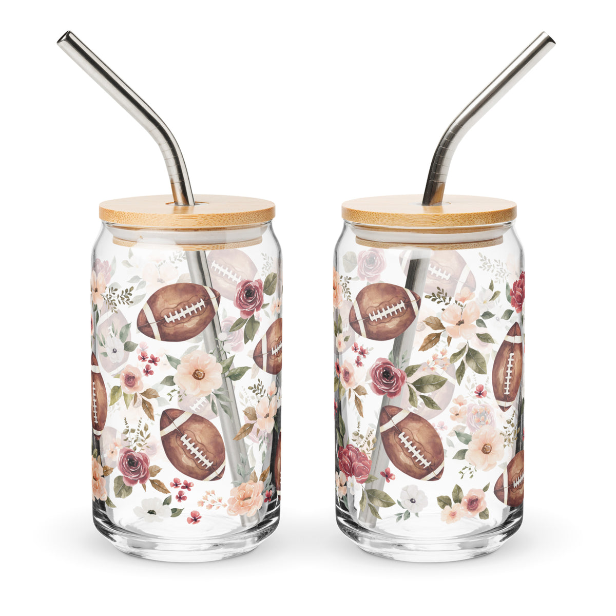two glass jars with straws in them with flowers and footballs on them