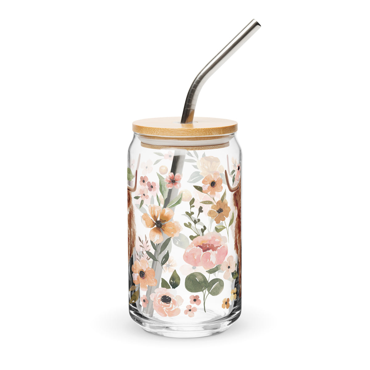 Charlotte Highland Cow Floral Glass Tumbler