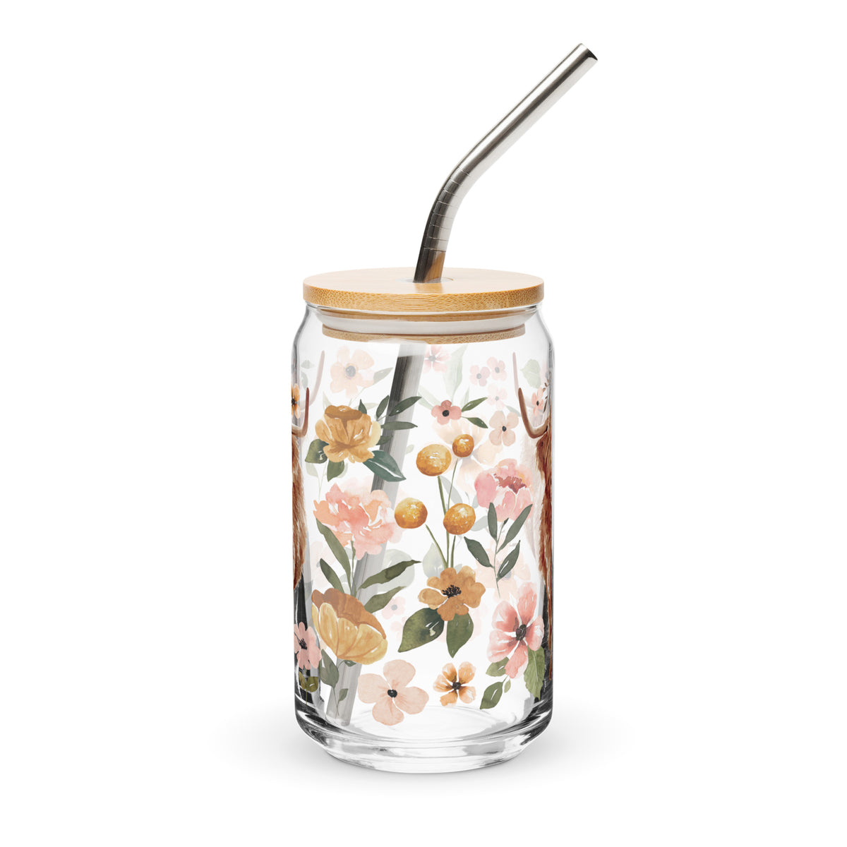 Charlotte Highland Cow Floral Glass Tumbler