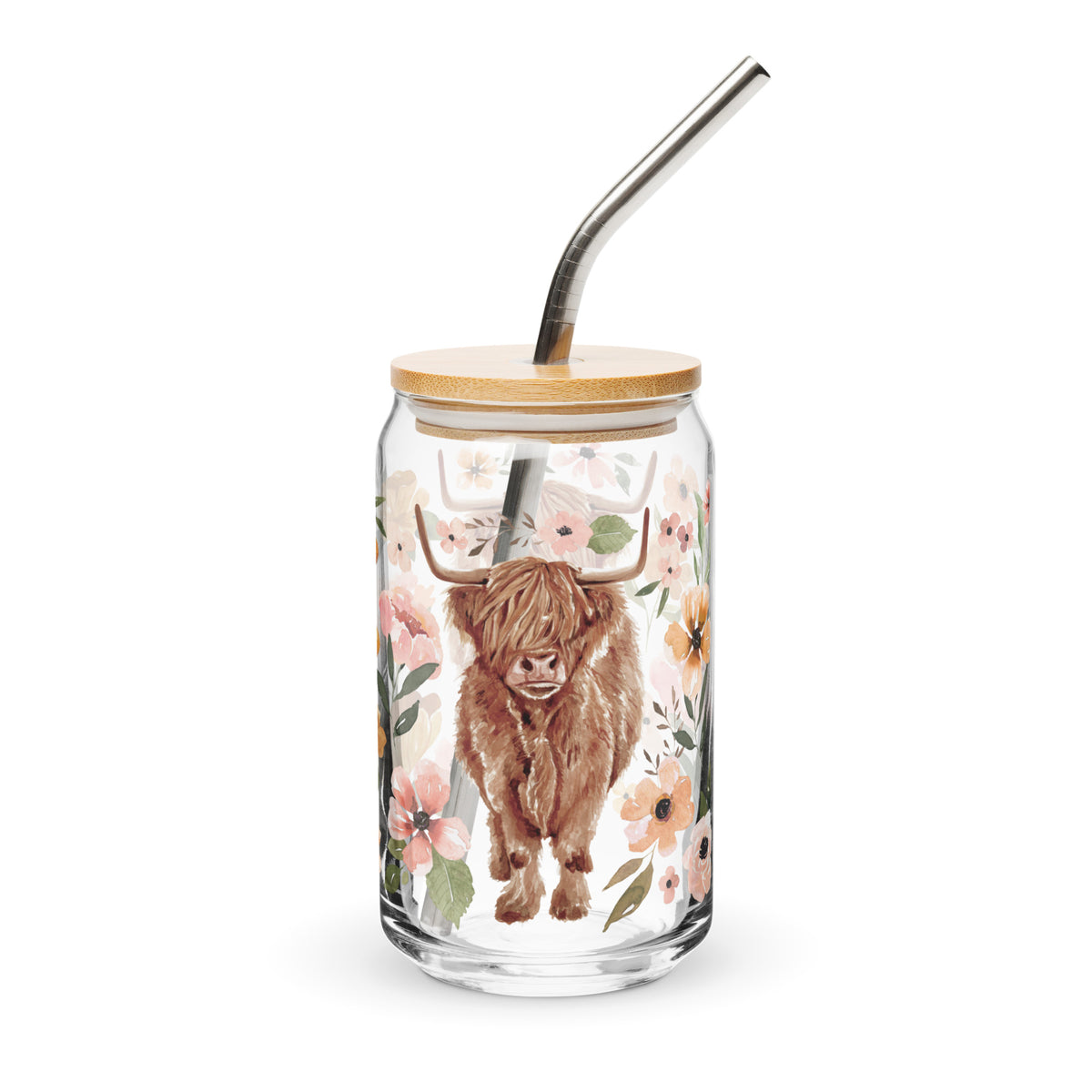 Charlotte Highland Cow Floral Glass Tumbler