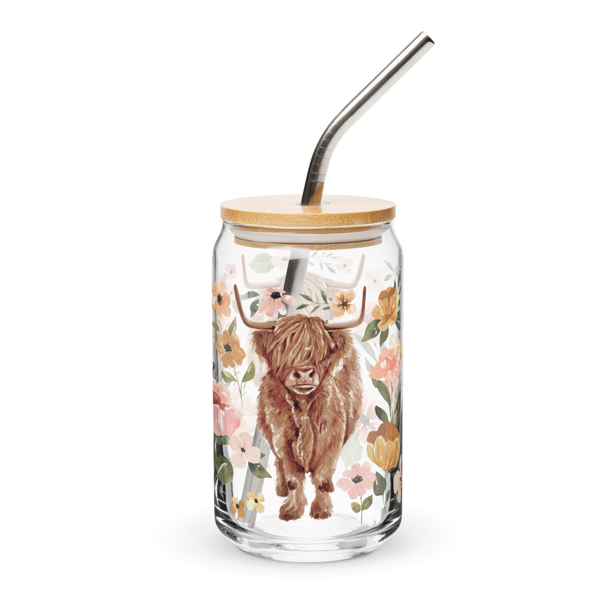 Charlotte Highland Cow Floral Glass Tumbler