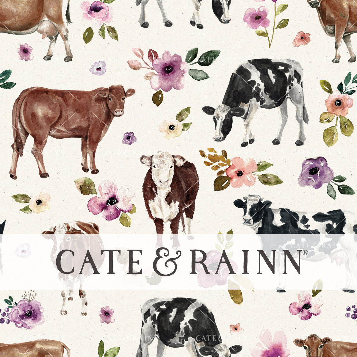 Cow Floral on Cream Seamless Pattern | Autumn Amethyst Collection