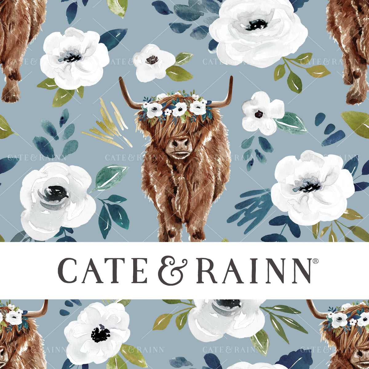 Highland Cow Floral on Blue Seamless Pattern | Avaleigh Collection