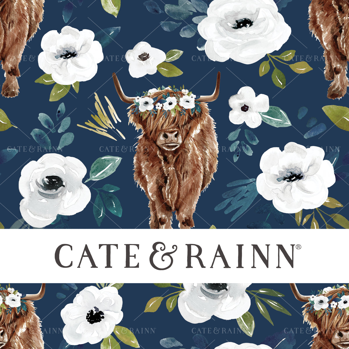 Navy Blue and White Highland Cow Floral