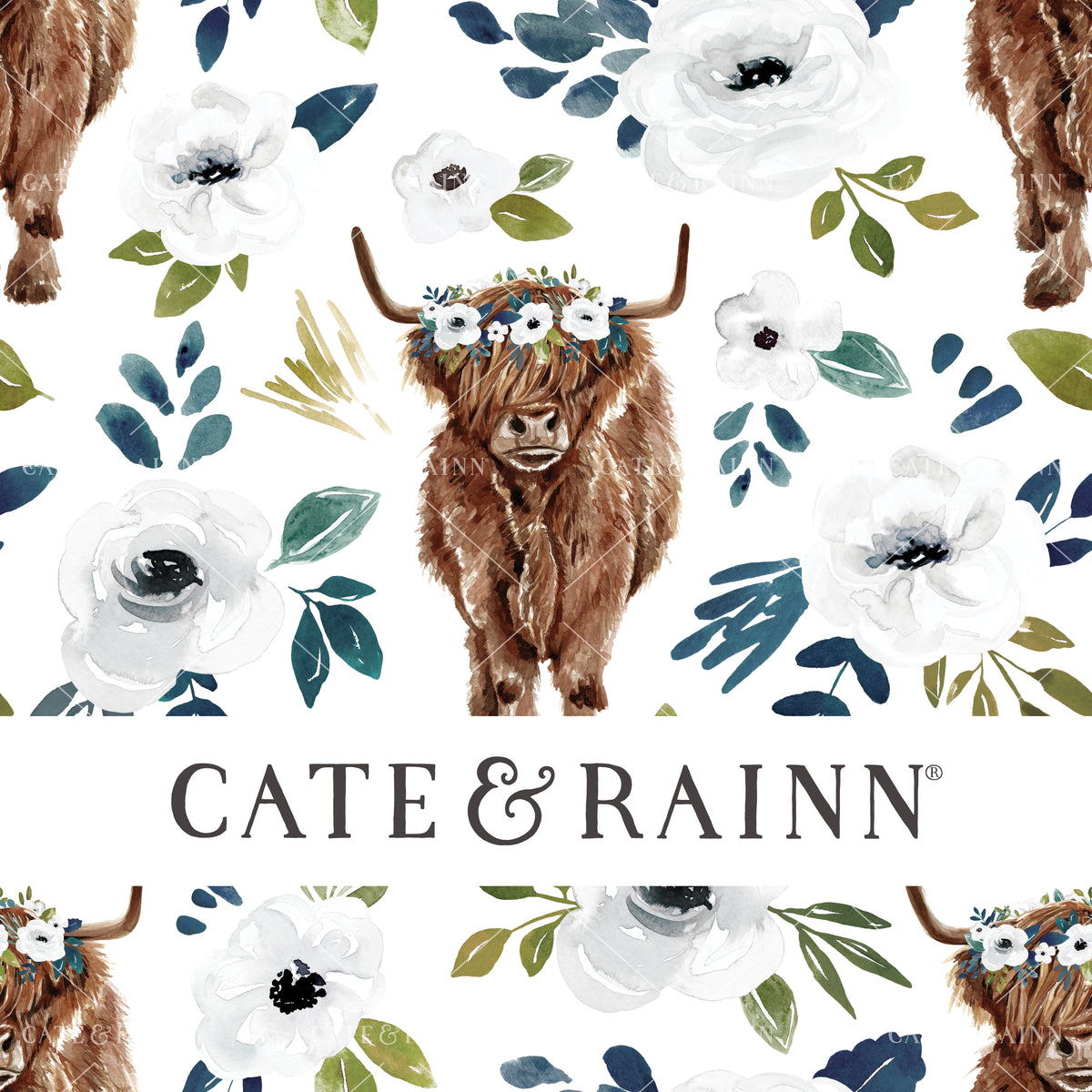 Highland Cow Floral on White Seamless Pattern | Avaleigh Collection