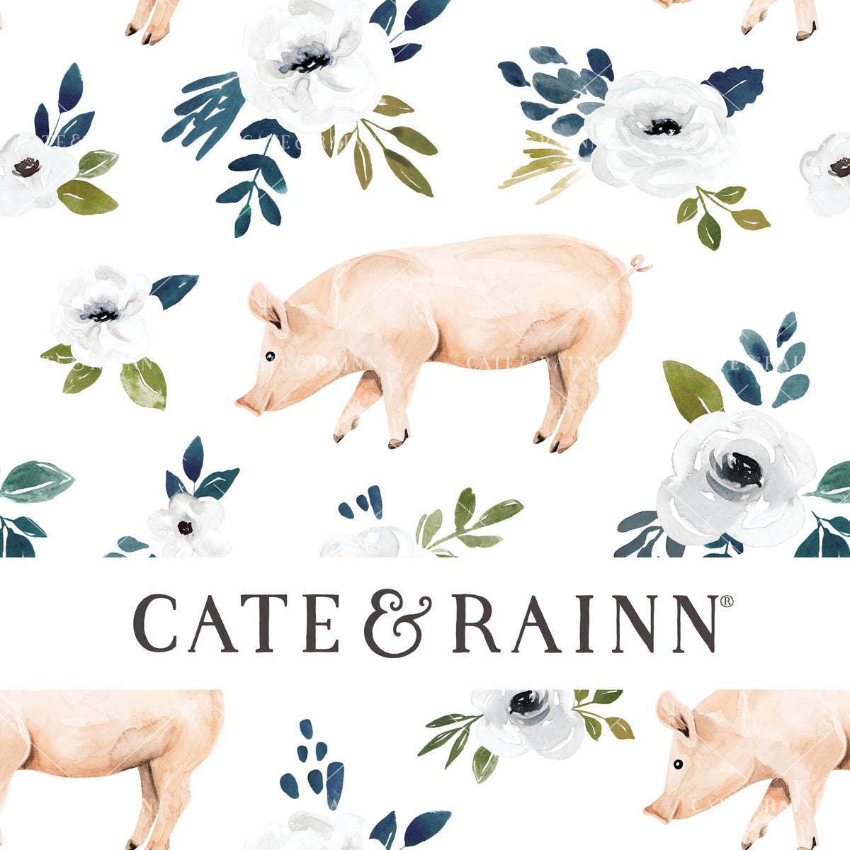 Cute Pig and White Flowers Design