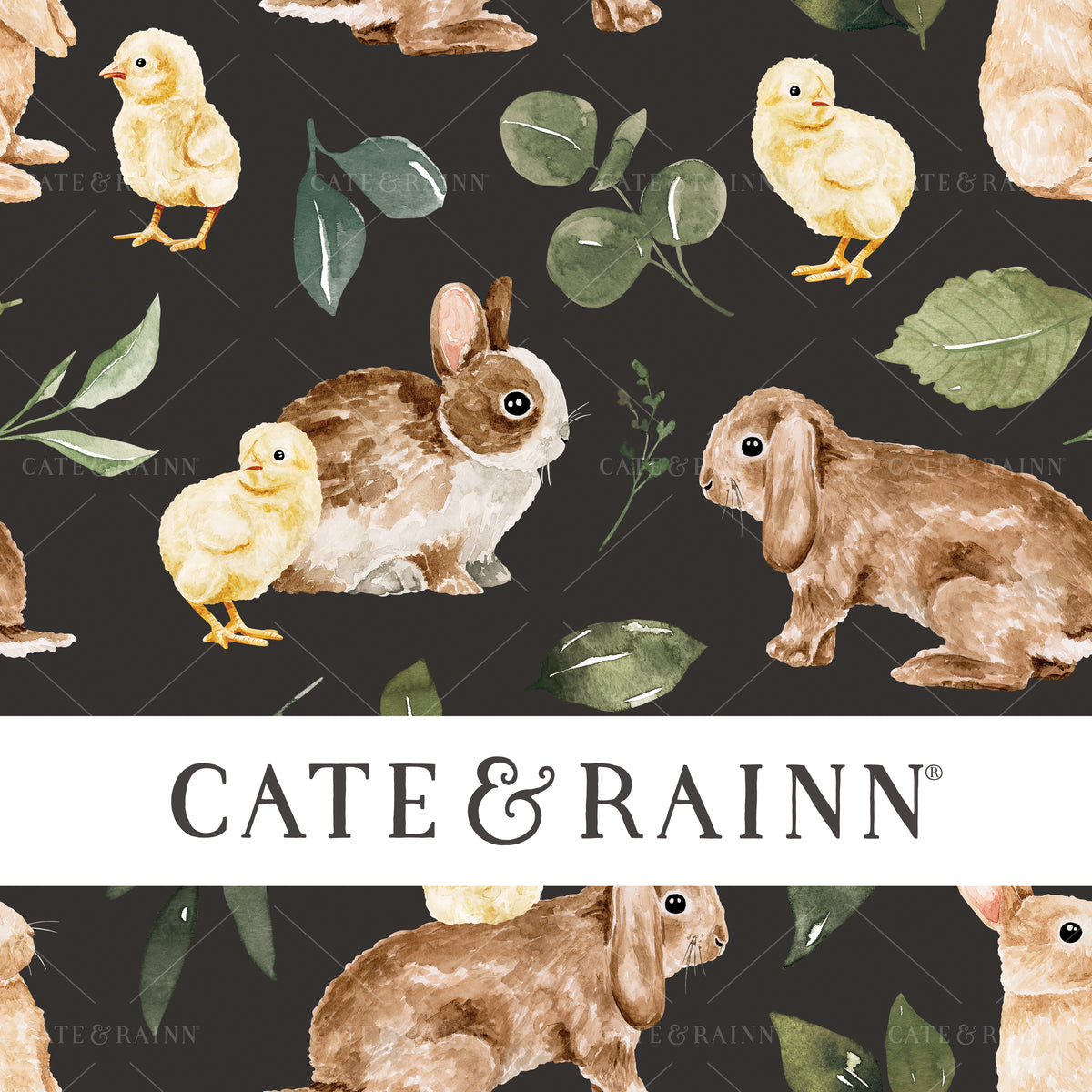 Watercolor Bunnies and chicks with Greenery Seamless Pattern | Bunny Burrow Collection