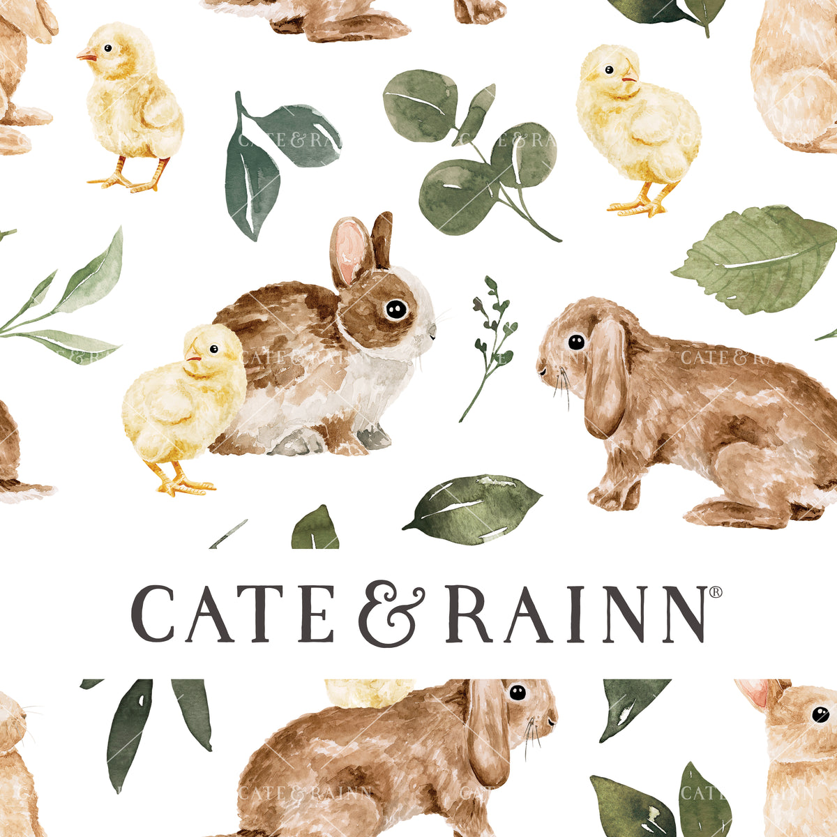 Watercolor Bunnies and chicks with Greenery Seamless Pattern | Bunny Burrow Collection