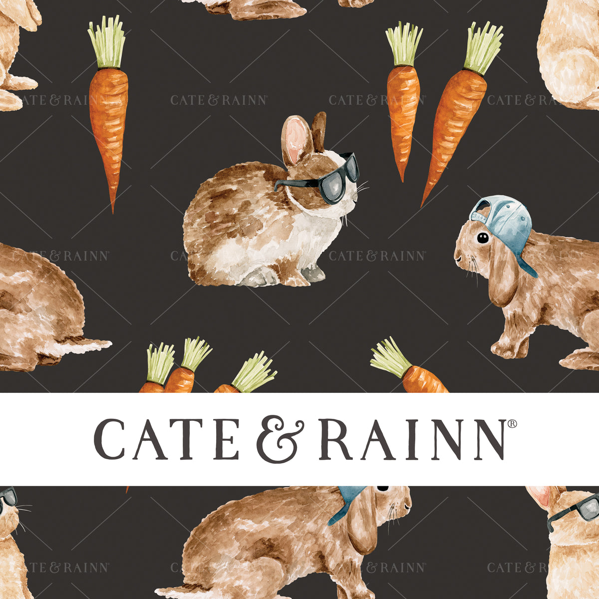 Cool Bunnies and Carrots on Black Seamless Pattern | Bunny Burrow Collection