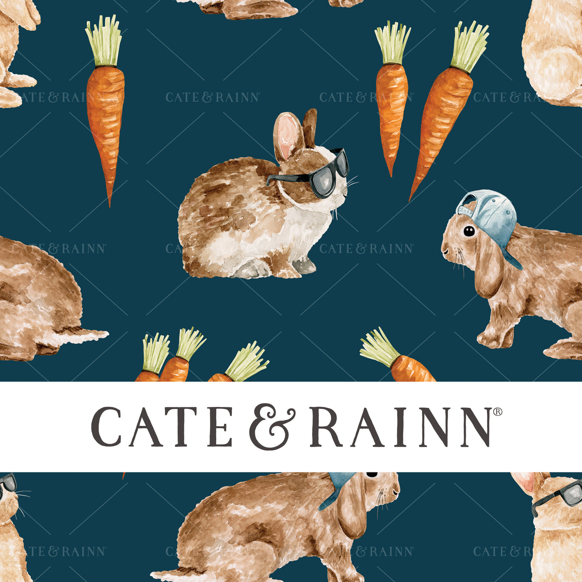 Cool Bunnies and Carrots on Navy Blue Seamless Pattern | Bunny Burrow Collection