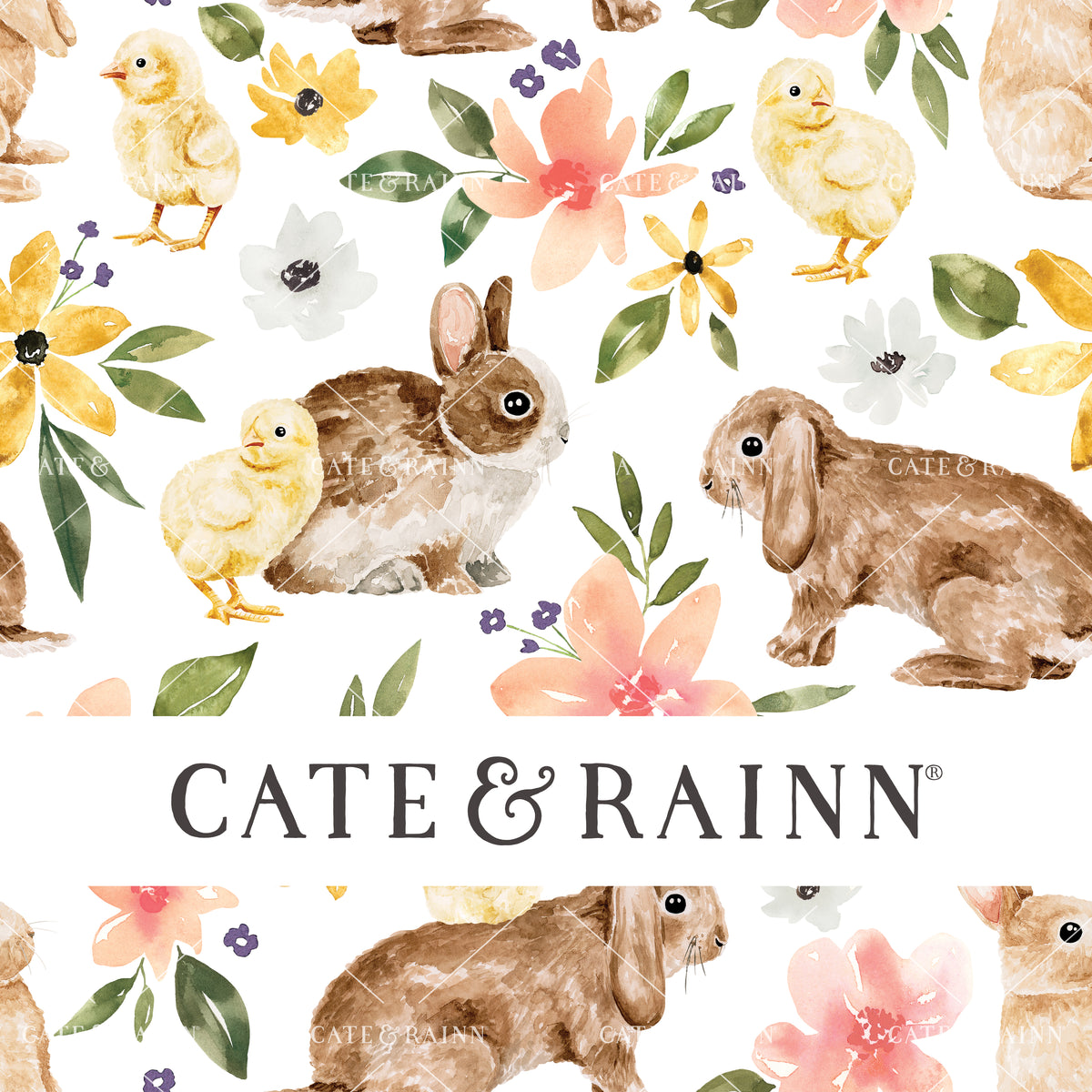 Floral Bunnies and Baby Chicks on White Seamless Pattern | Bunny Burrow Collection