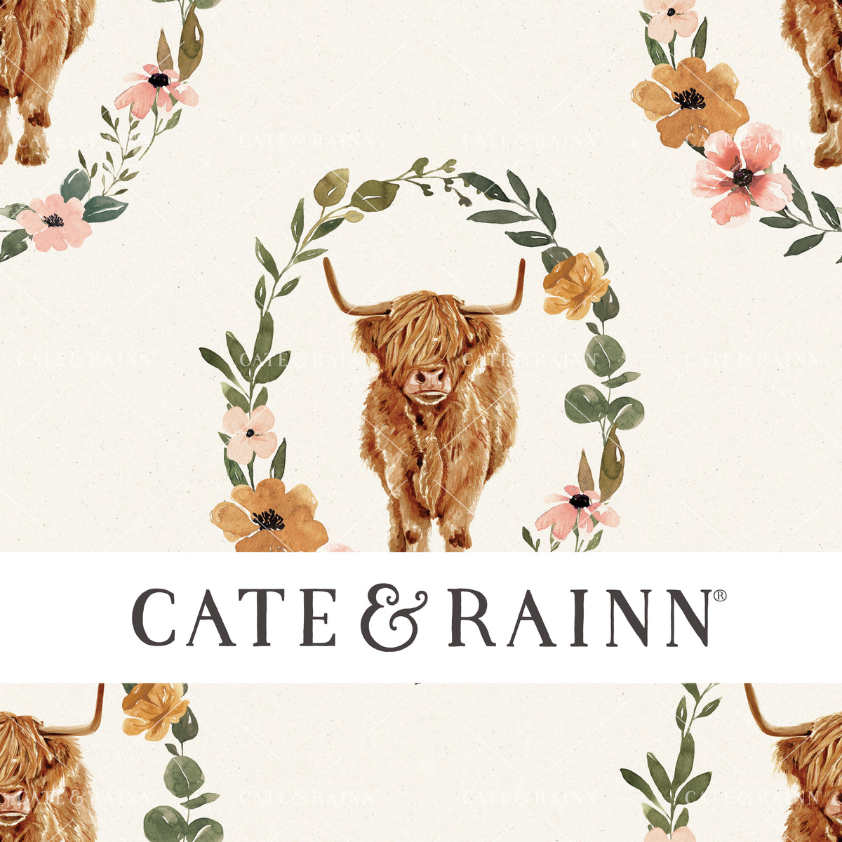 Sweet Highland Cow and Floral Wreath Seamless Design 