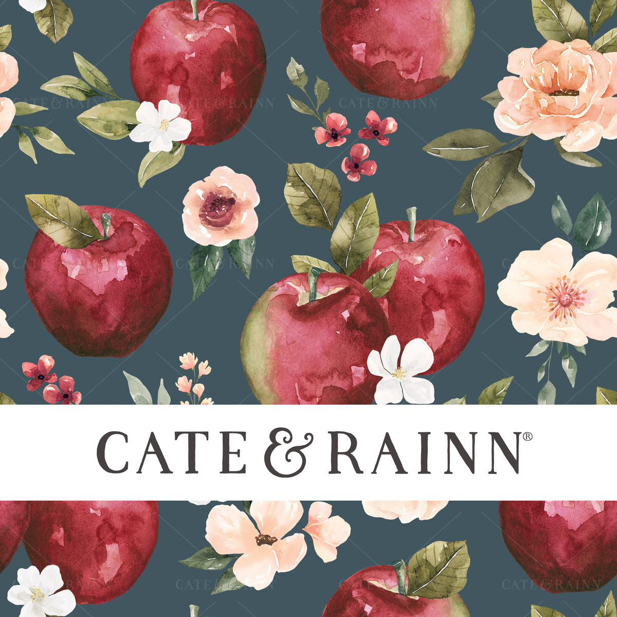 Watercolor Apple Floral on Night Blue Seamless Pattern | Felicity Collection