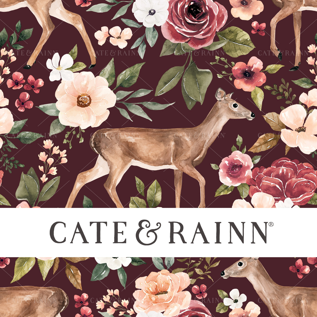Deer Floral on Maroon Seamless Pattern | Felicity Collection
