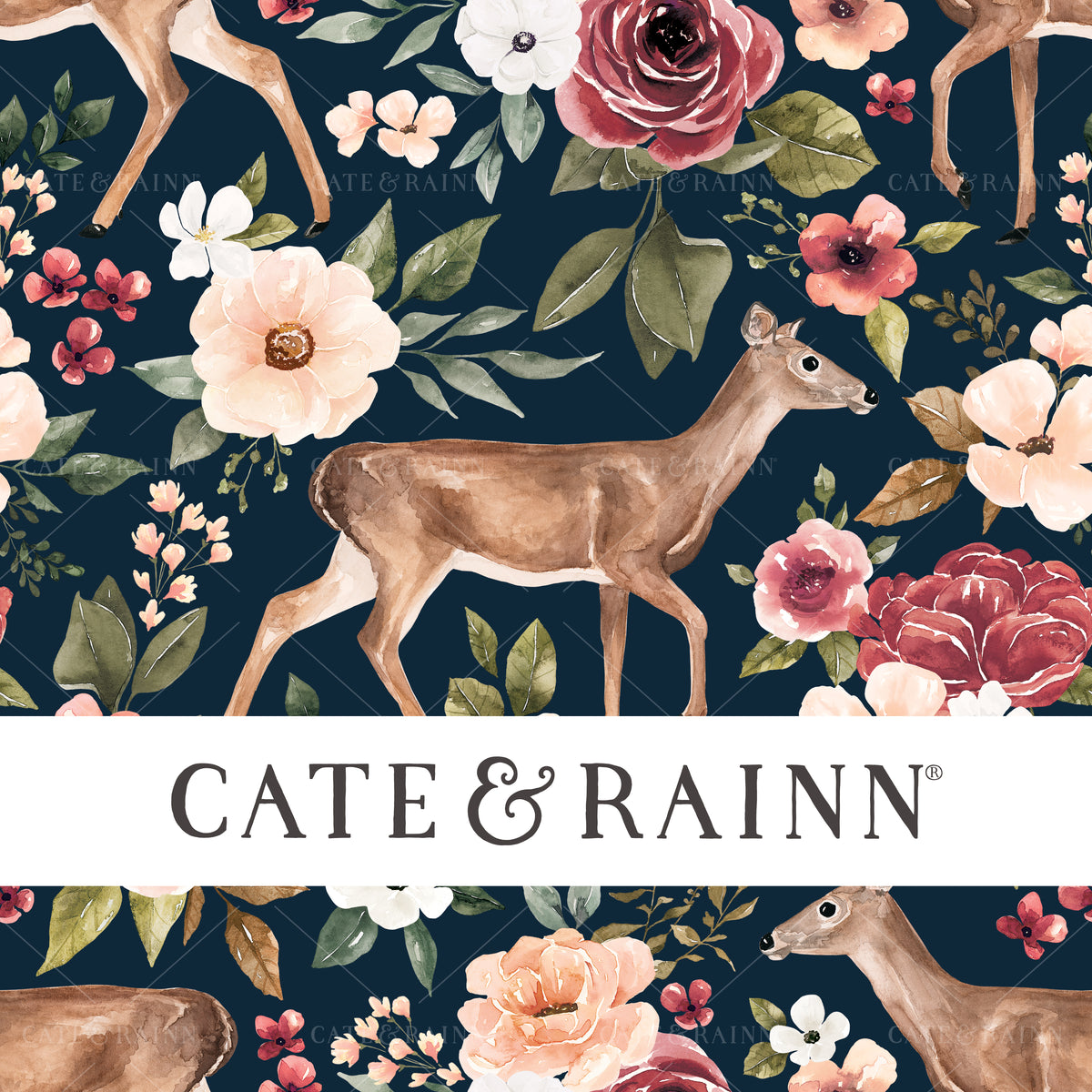 Deer Floral on Navy Blue Seamless Pattern | Felicity Collection