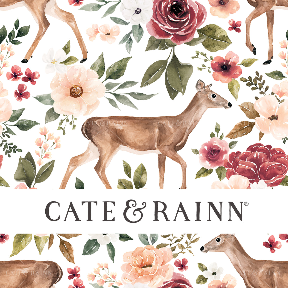 Deer with pink and red flowers seamless design