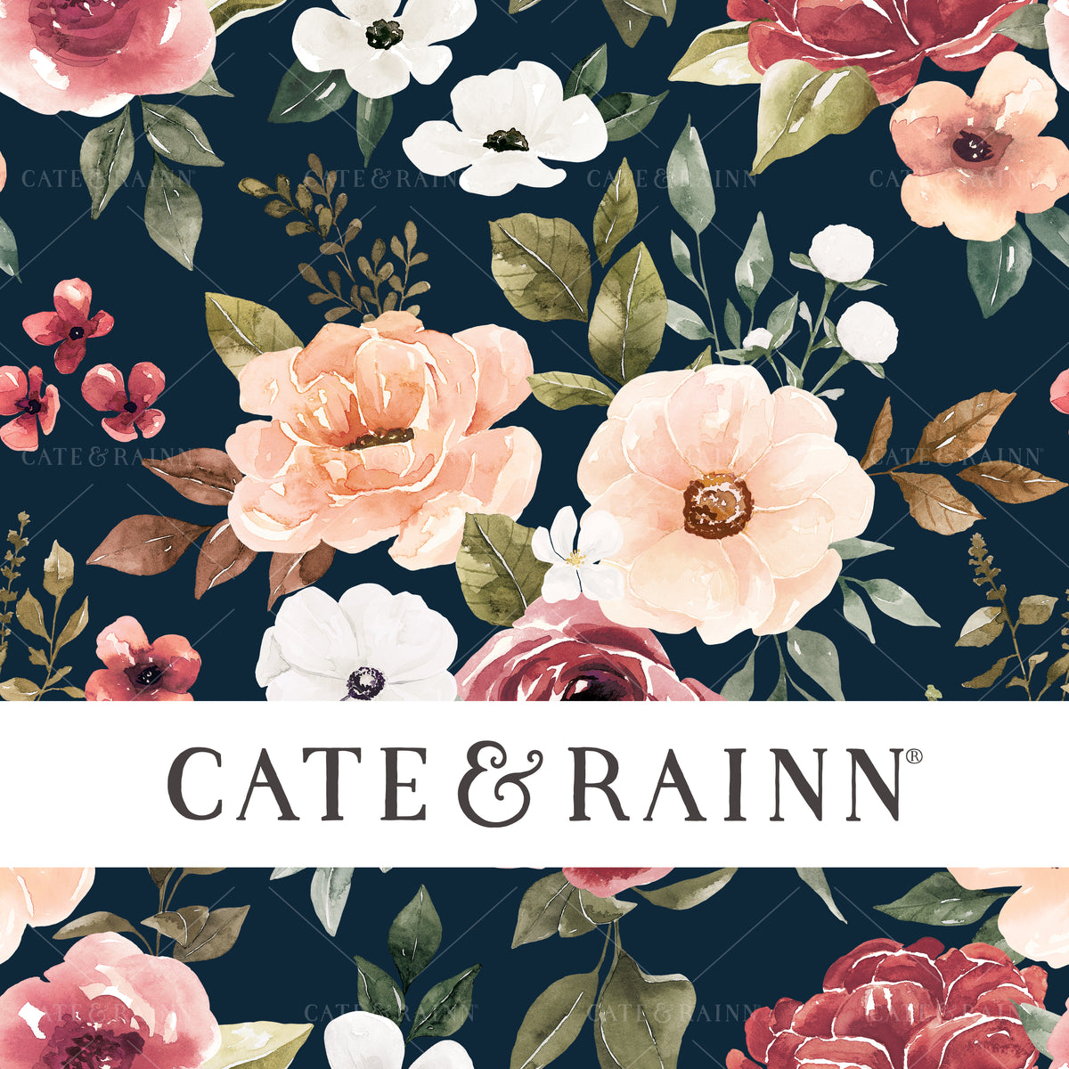 Beautiful Watercolor Floral with Blush pink and Navy Blue Seamless pattern 