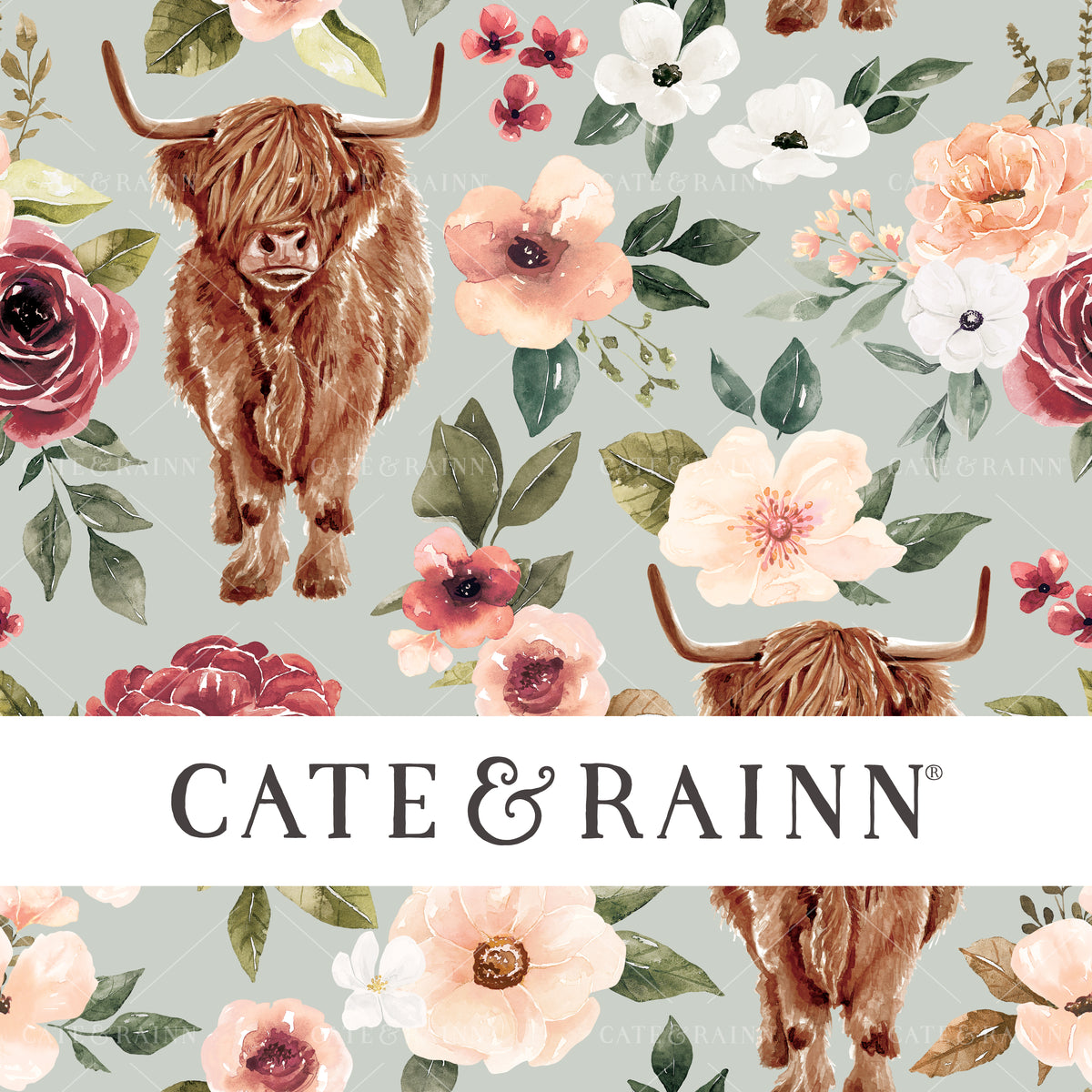 Watercolor Highland Cow Floral Seamless Pattern | Felicity Collection