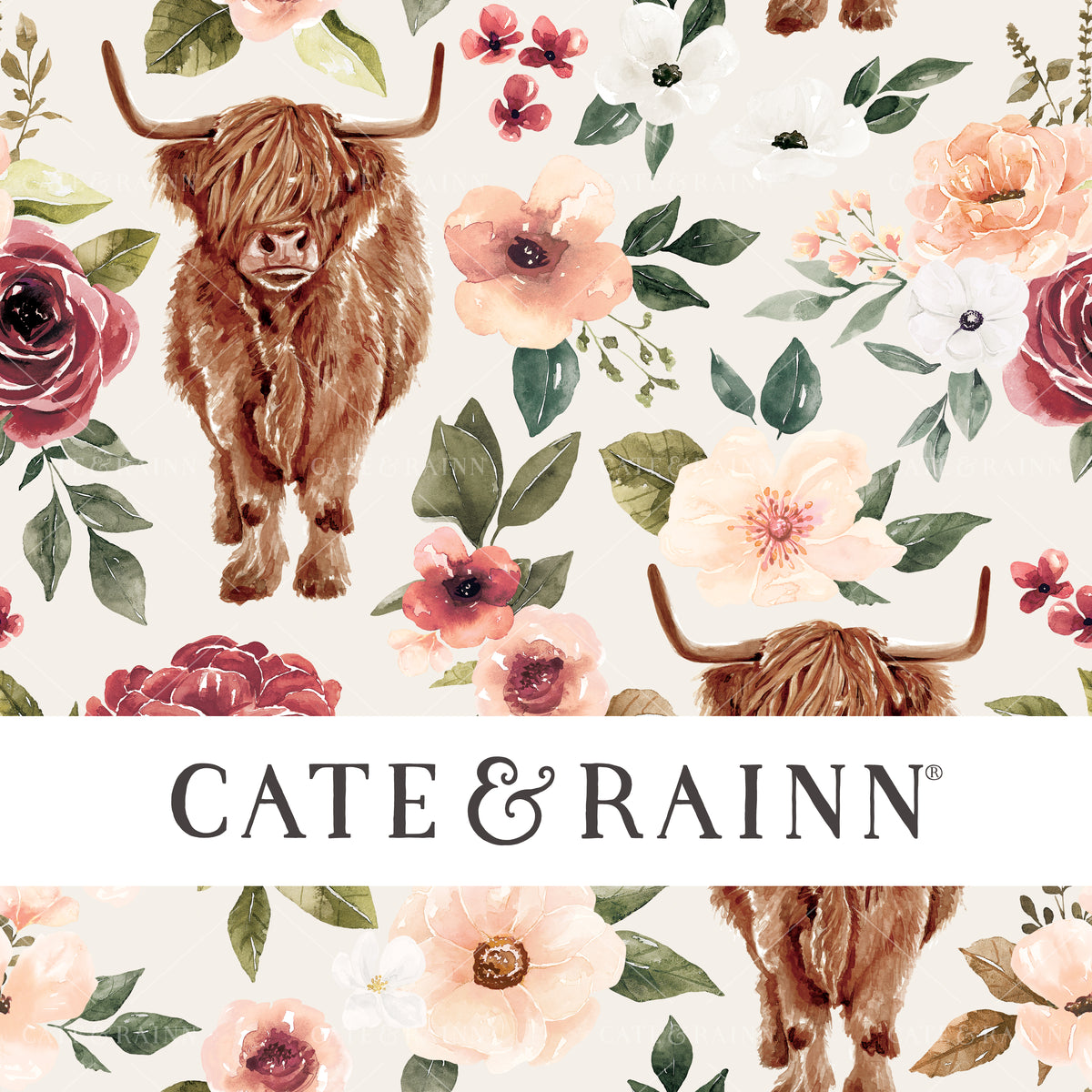 Watercolor Highland Cow Floral Seamless Pattern | Felicity Collection