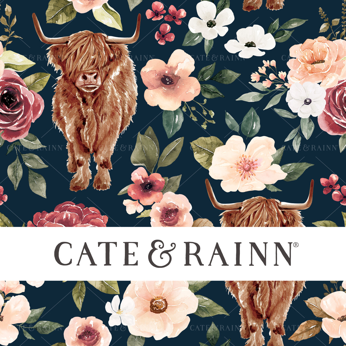 Watercolor Highland Cow Floral Seamless Pattern | Felicity Collection