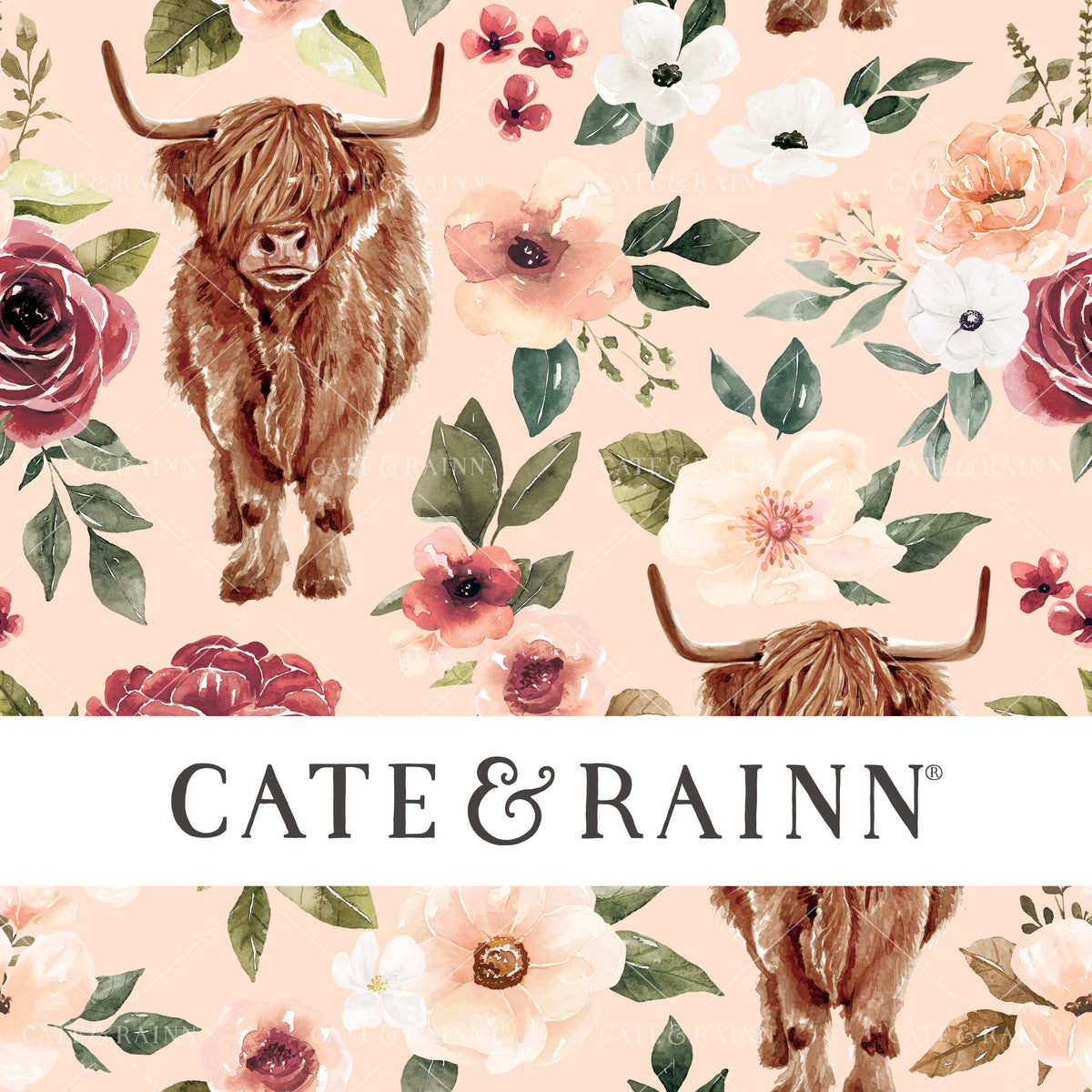 Watercolor Highland Cow Floral Seamless Pattern | Felicity Collection