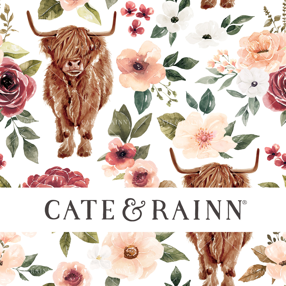 Watercolor Highland Cow Floral Seamless Pattern | Felicity Collection