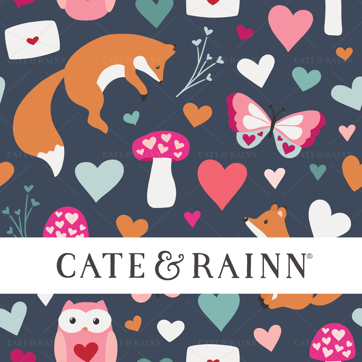 Colorful Woodland Valentines Design with Fox, Owls, butterflies and Mushrooms