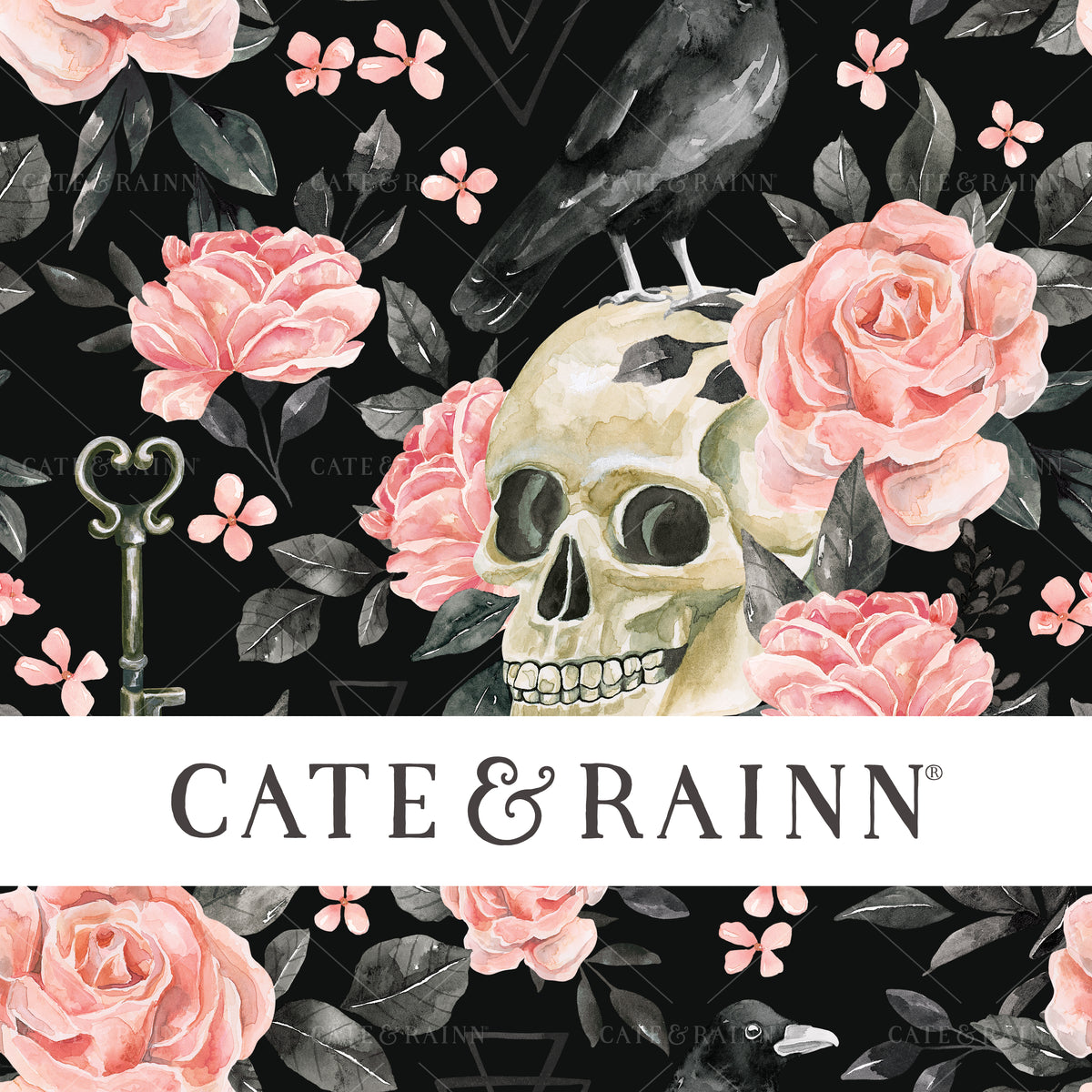 Gothic Skeleton Halloween Floral with Black Bird Design