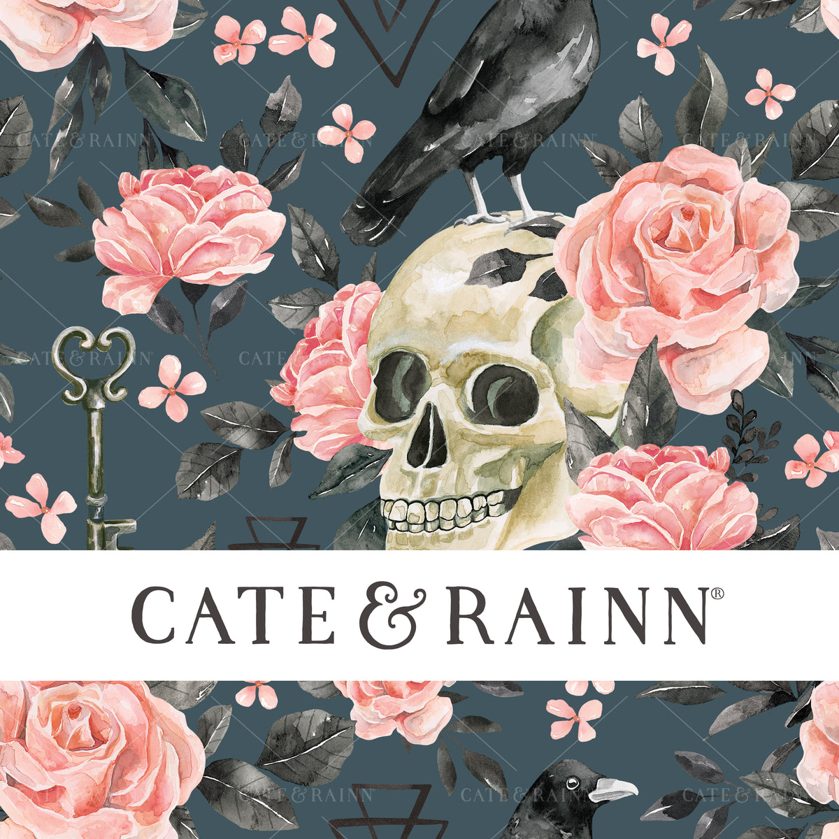 Gothic Skeleton Halloween Floral with Black Bird Design