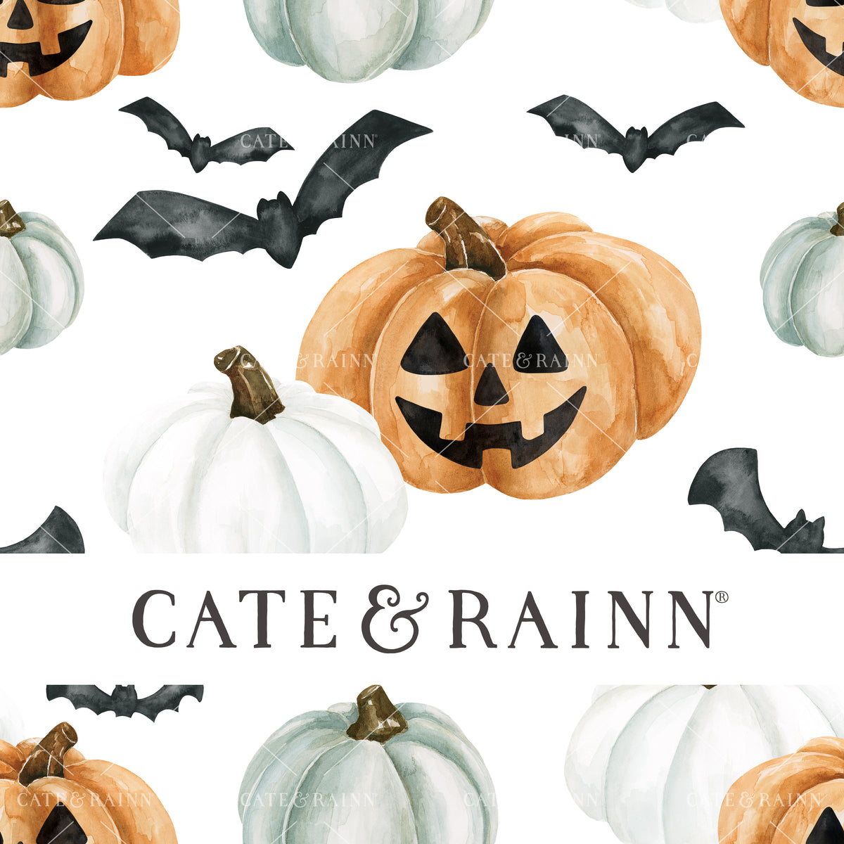 Blue and Orange Jack-O-Lanterns and Bats Seamless Pattern | October Moon Collection