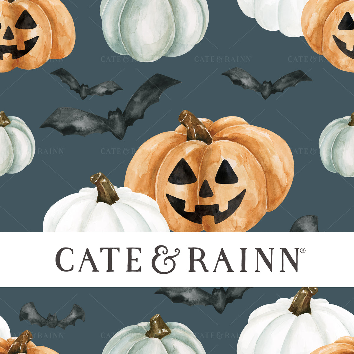 Blue and Orange Jack-O-Lanterns and Bats Seamless Pattern | October Moon Collection